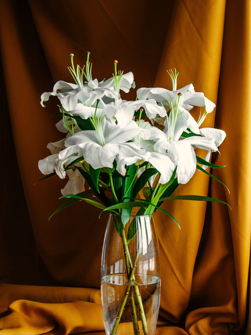 White lily bouquet in glass vase, Bloomin & Buddin lily subscription